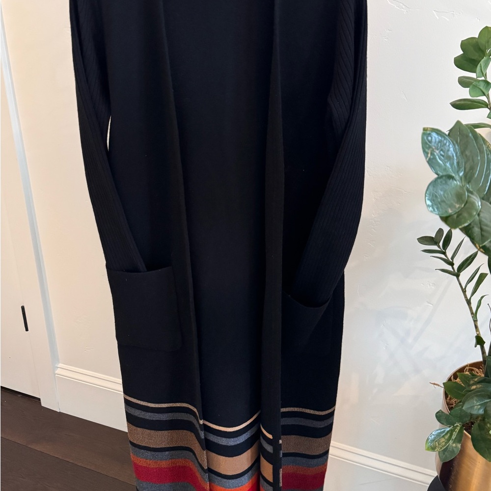 Pendleton Chic Black Long wool Cardigan with Signature Striped Hem